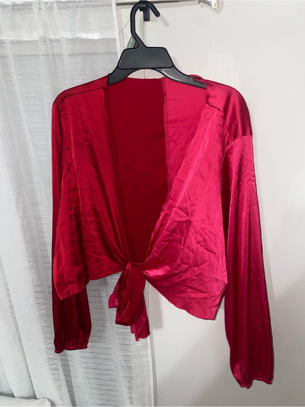 Tie-Front Satin Crop Top in Deep Red